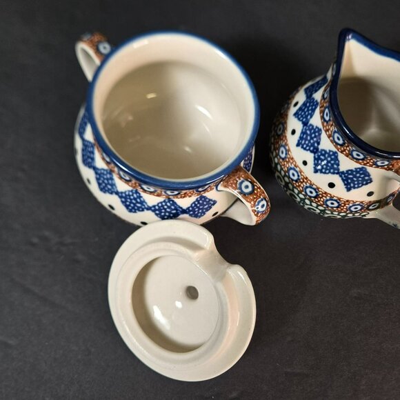 Polish Pottery UNIKAT Creamer Pitcher & Sugar Bowl Set w Lid Handmade Geometric - Picture 7 of 11